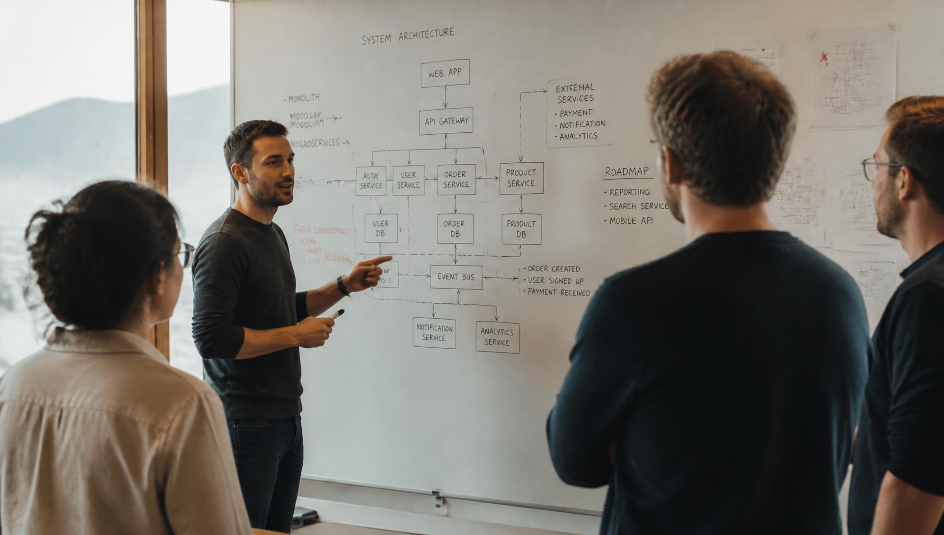 Team vor einem Whiteboard mit den Schichten einer Systemarchitektur