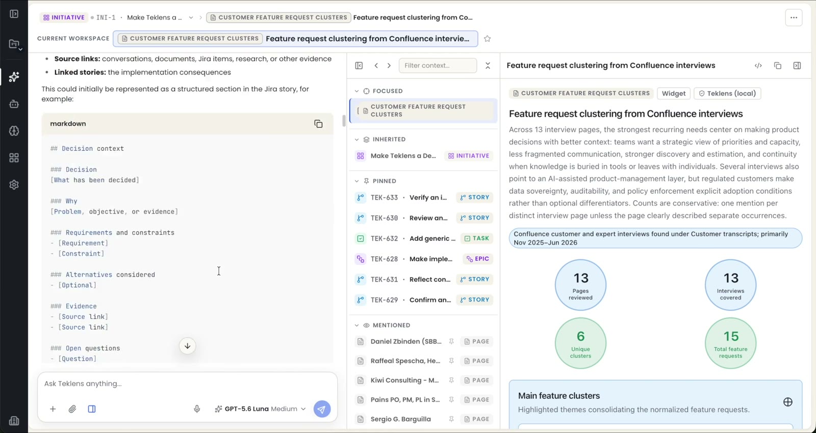 Teklens-Workspace: ein Entscheid mit Begründung, verknüpften Jira-Tickets und Confluence-Seiten.