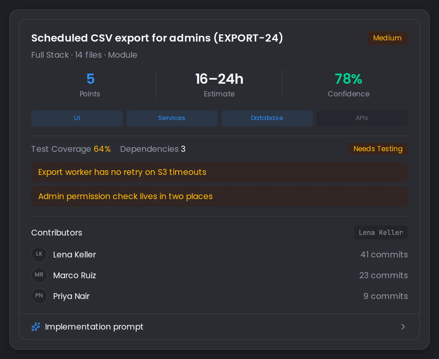 From the product: Code owners & effort estimates. Effort estimate against the real code, with risks and code owner.